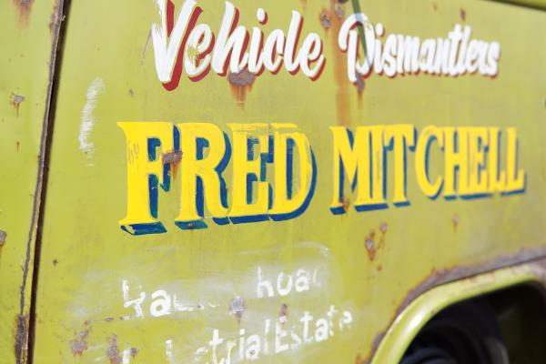 Close-up of the decal saying Fred Mitchell